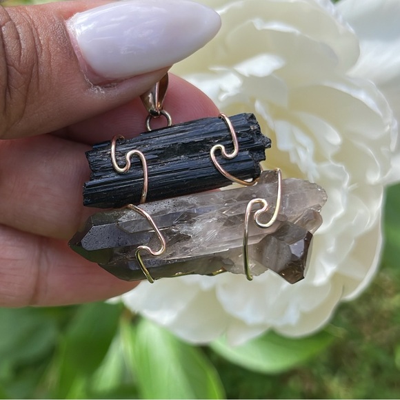Smokey quartz and Black Tourmaline wired pendant - Picture 1 of 6